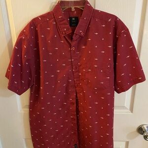 Red and White Casual Button Down Shirt with Fun Shark Pattern